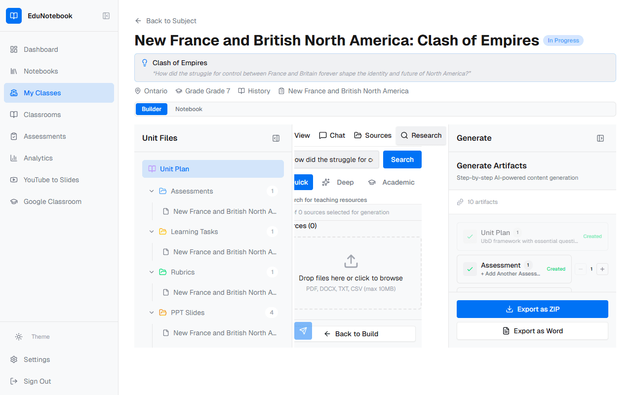 Research workspace with Quick, Deep, and Academic search modes plus file upload