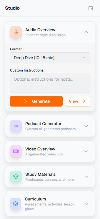 Studio panel showing creative output options: reports, infographics, slides, data tables