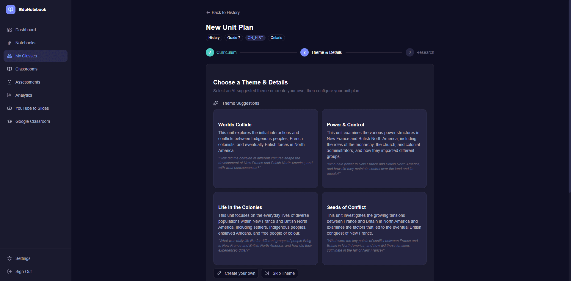 AI-powered theme suggestions with driving questions for Ontario History